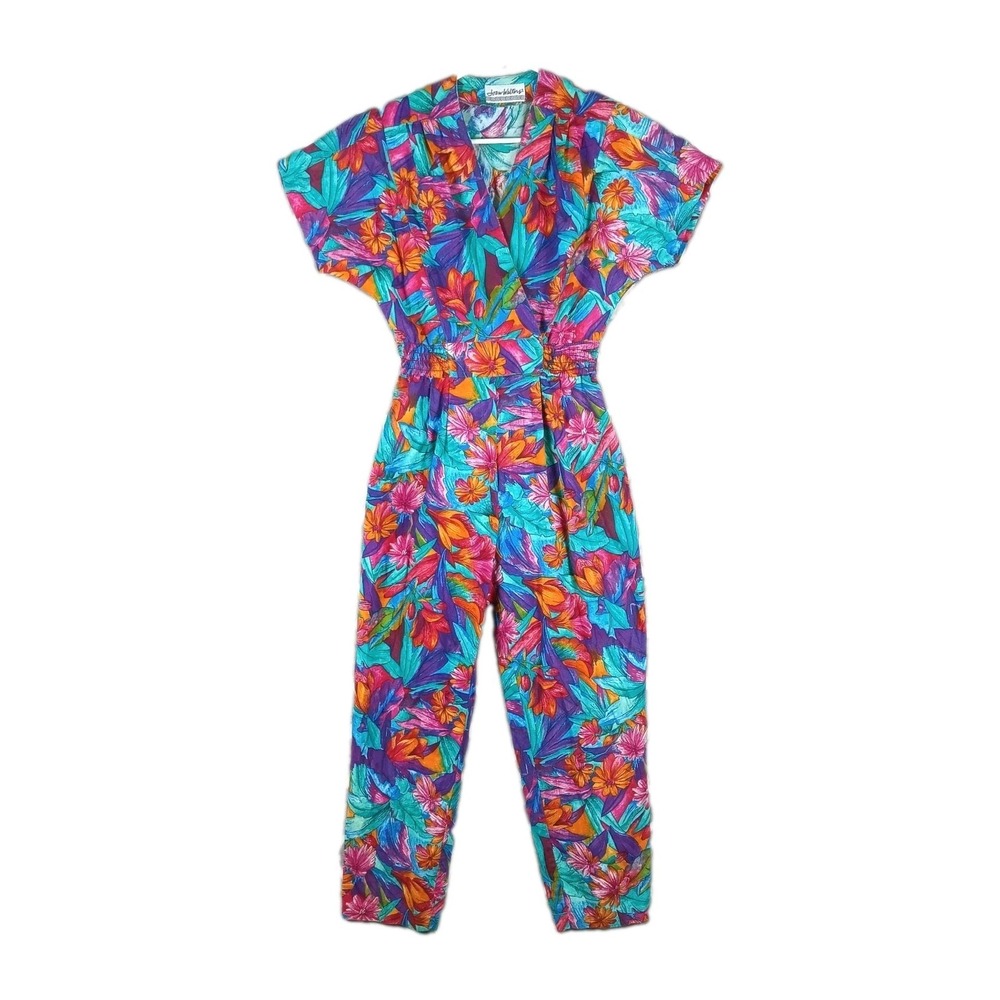 Vintage Joan Walters Jumpsuit Women SIze M Tropical Floral One Piece Romper